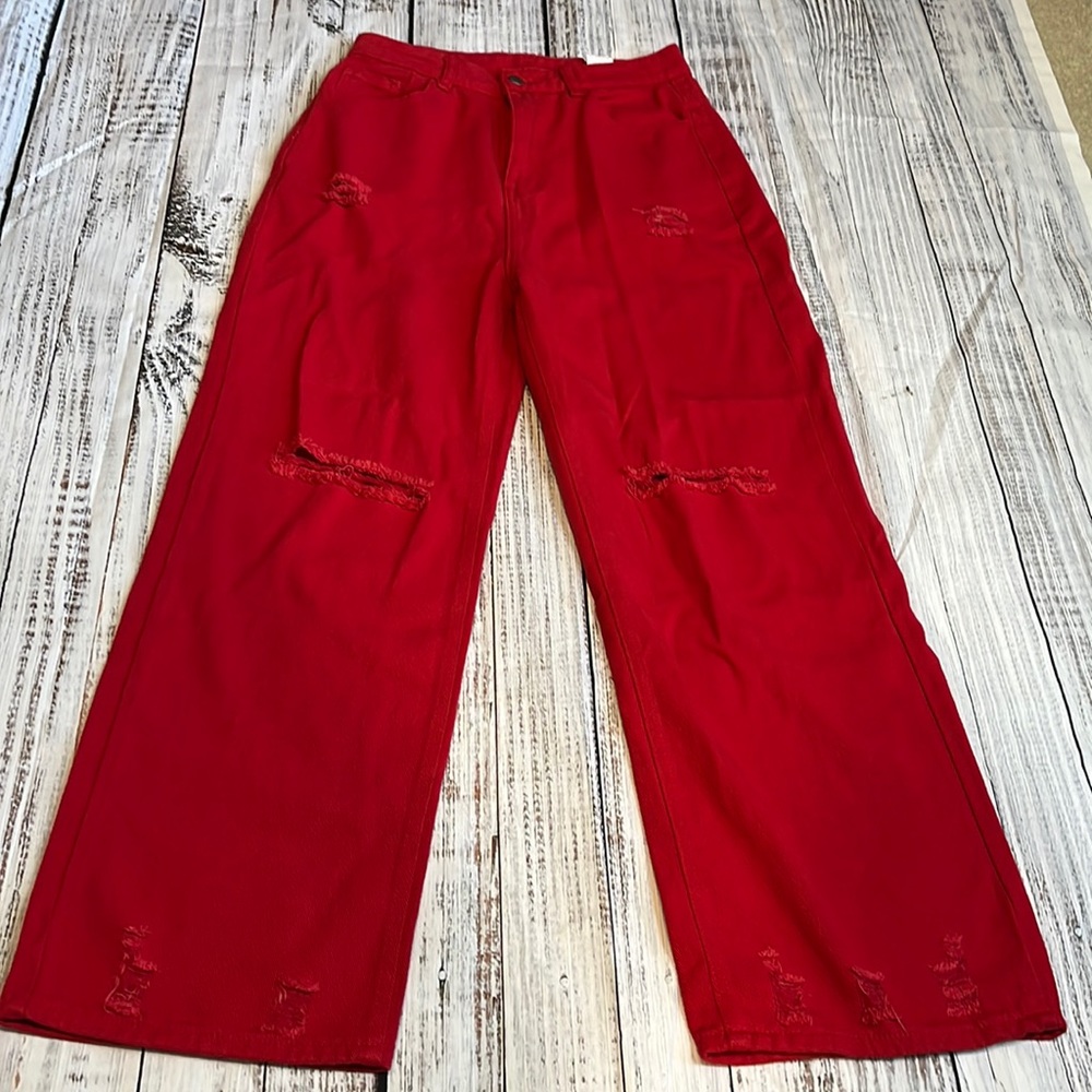 Red wide leg jeans